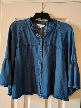 Washed Blue Denim Button-Front Blouse with Ruffle Neck - New and Never Worn